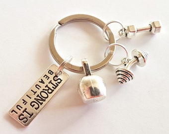 Strong is Beautiful Keyring, Kettlebell, Exercise Keychain, Fitness Gift, Weight Lifting Key Ring, Gym Gift