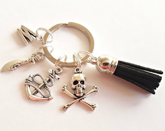 Gepersonaliseerde Pirate Tassel Sleutelhanger, Pirate Gift, Pirate Sleutelhanger, Jolly Roger, Schedel & Kruisbeenderen,