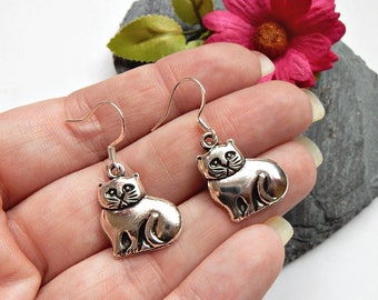 Cat earrings, Silver Dangle Jewellery, Cat Gifts For Her, Animal Lover, Feline, Present For Mum, Crazy Cat Lady, Cute Charm