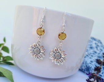 Silver Sunflower Earrings, Birthstone Gift, Sunflower Jewellery,  Garden Lover, Gift For Her, Birthday Earrings, Floral Gift, Nan, Mum