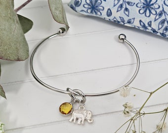 Elephant Bracelet, Birthstone Bangle, Birthday Gift For Her, Indian Elephant, Adjustable Jewellery, Personalised,