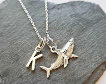 Silver Shark Necklace, Ocean Lover Gift, Initial Charm