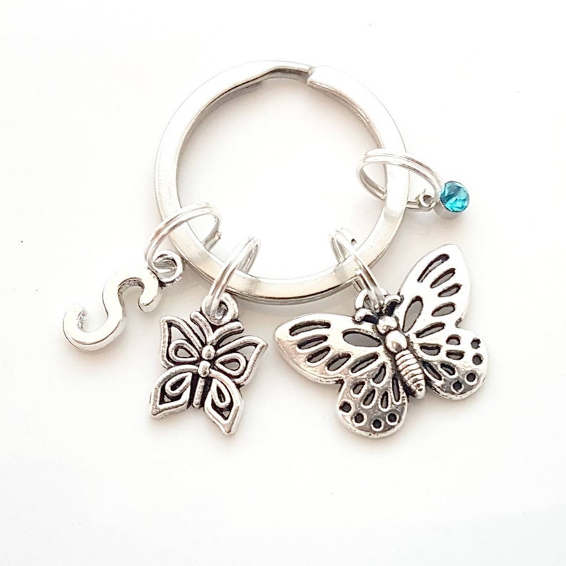 Birthstone Butterflies Keychain Personalised Silver Butterfly Keyring