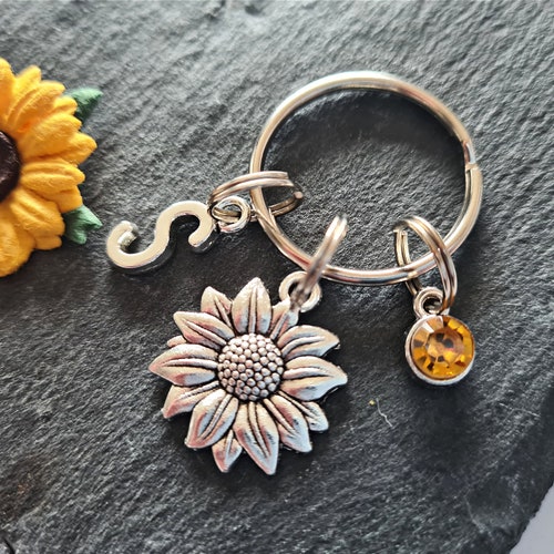Personalised Sunflower Keychain Sunflower Gifts Birthstone Etsy