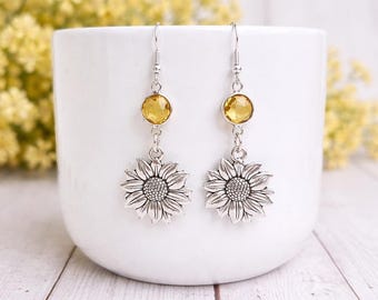Silber Sonnenblume Ohrringe: Birthstone Geschenk, personalisierte Sonnenblume Schmuck,