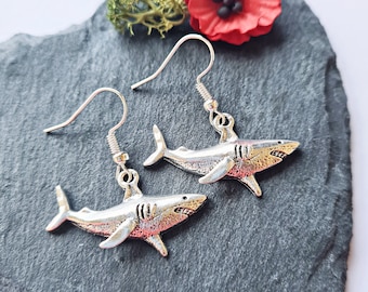 Shark Earrings, Silver Shark Dangle Earrings, Shark Jewellery, Ocean Gift, Surfer, Beach