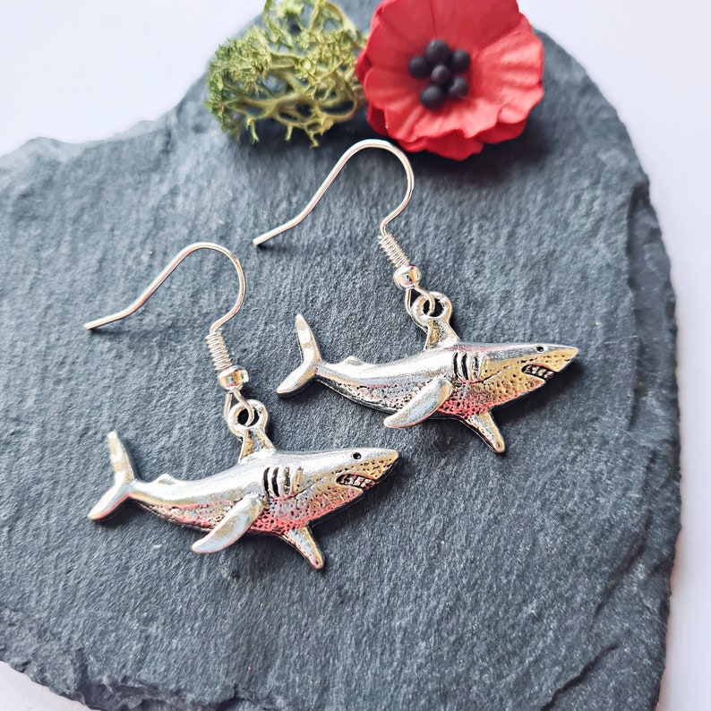 Shark Earrings, Silver Shark Dangle Earrings, Shark Jewellery, Ocean Gift, Surfer, Beach image 1