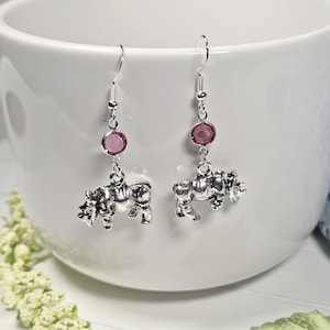 Silver Rhino Earrings, Birthstone Gift, Rhinoceros Jewellery, Dangle Drop, Animal Nature Inspired