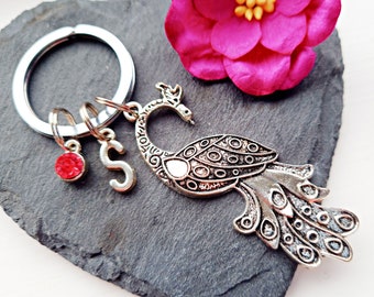 Peacock Lover Gift, Peacock Birthday Keychain, Birthstone Keychain, Gift For Her, Peacock Keyring