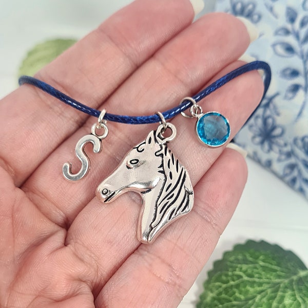 Silver Horse Bracelet, Personalised Cord Wish Bracelet, Multiple Colours, Birthstone Gift, Cute Horse Rider Jewellery, Gift For Girls