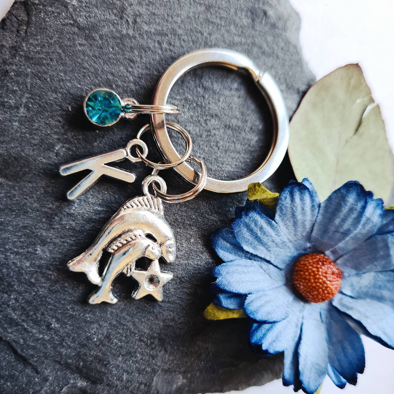 Pisces Zodiac Keychain, Fish Charm, Birthstone, Initial Keyring