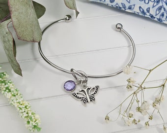 Butterfly Bracelet, Birthstone Bangle, Birthday Gift For Her, Adjustable Jewellery, Personalised, Nature Inspired