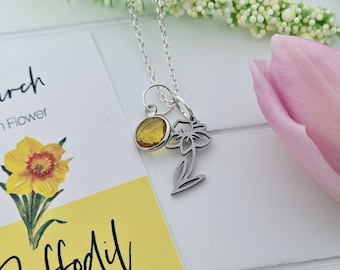 Daffodil Necklace, March Birth Flower, Aquamarine Birthstone Pendant, Pick Me Up, Botanical Jewellery, Floral Gift For Her, Personalised
