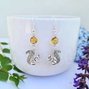 Silver Squirrel Earrings, Birthstone Gift, Squirrel Jewellery, Dangle Drop, Animal Nature Inspired