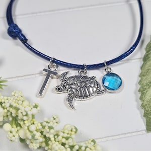 Bracelet de souhaits cordon tortue de mer, bijoux d'anniversaire avec pierre de naissance, inspiré de l'océan, cadeaux de vacances à la plage, cadeau personnalisé, jonc tortue