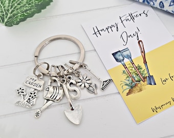Fathers Day Gift, Gardening Keychain, Allotment Owner, Green Fingers, Personalised For Dad, Happy Retirement,