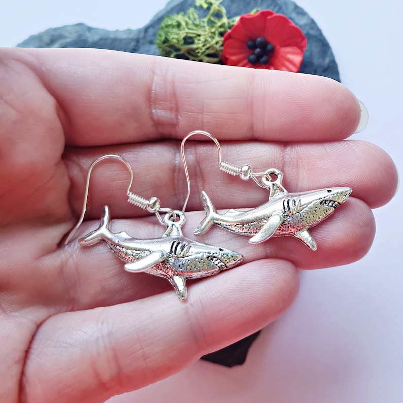 Shark Earrings, Silver Shark Dangle Earrings, Shark Jewellery, Ocean Gift, Surfer, Beach image 2