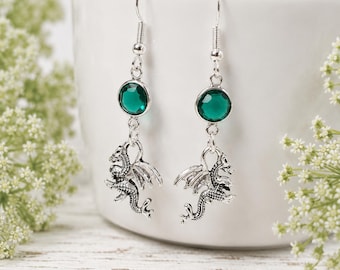 Silver Dragon Earrings, Personalised Birthstone Jewellery, Mythical Dangle Drop