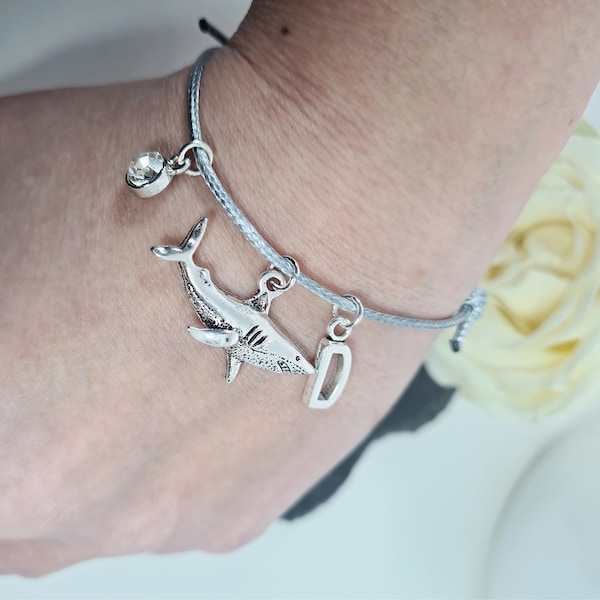 Pulsera de tiburón de plata, pulsera de tiburón de cordón personalizada, varios colores, joyería de playa, regalo de surfista, piedra de nacimiento