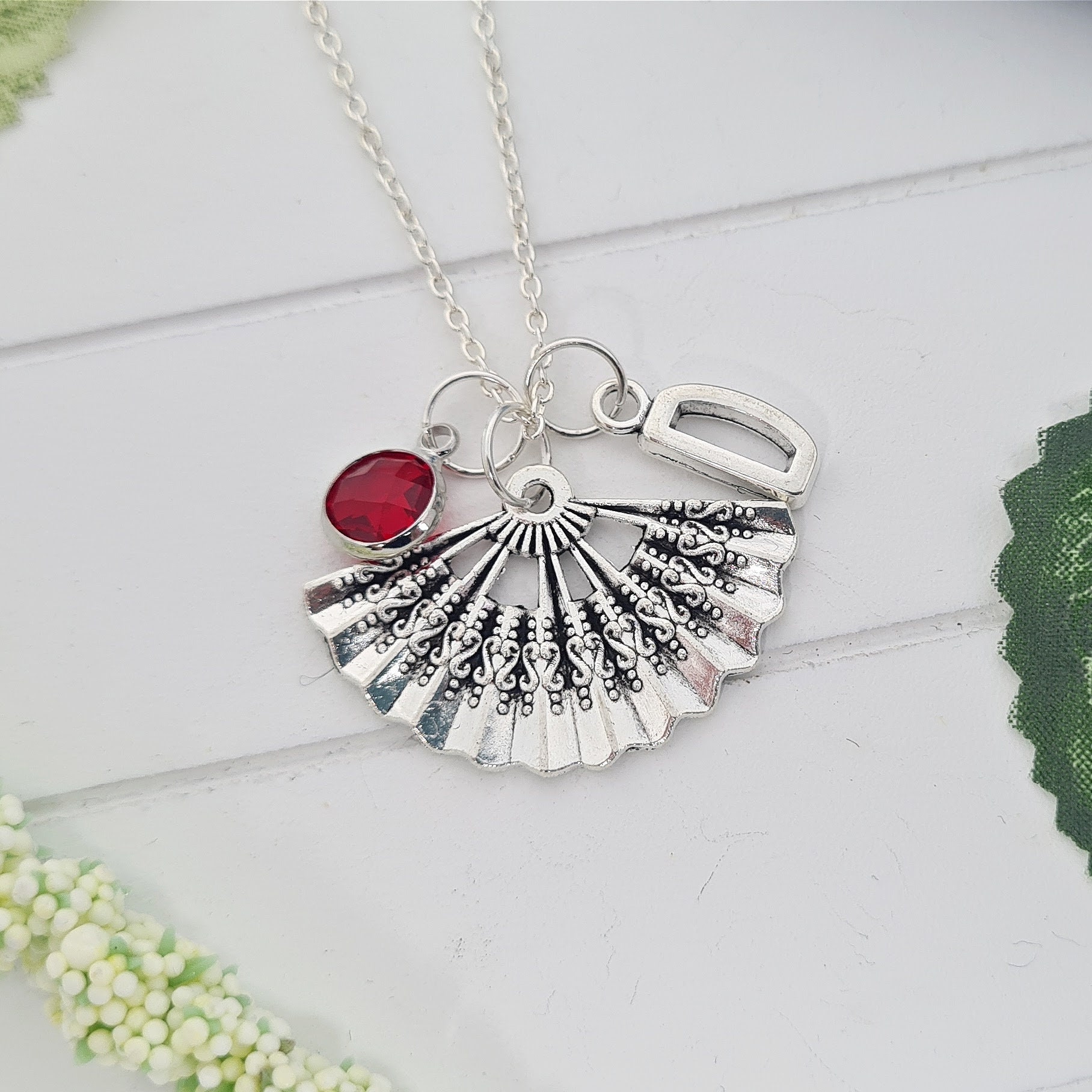 Flamenco Fan Necklace, Personalised Birthstone Pendant, Spanish Senorita, Spain Fancy Dress, Pretty Holiday Jewellery