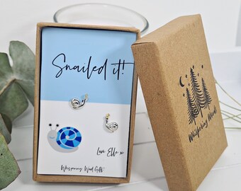 Congratulations Gift, You Did It, Snailed It, Snail Ear Studs, Well Done You Passed, Sterling Silver, Personalised