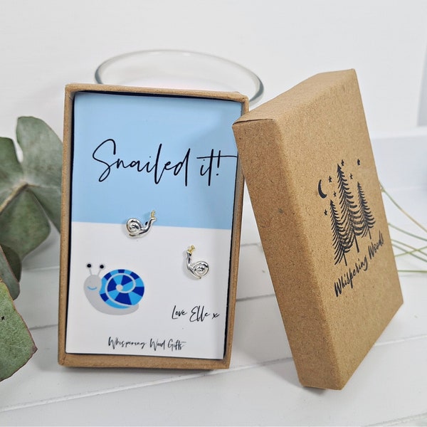 Congratulations Gift, You Did It, Snailed It, Snail Ear Studs, Well Done You Passed, Sterling Silver, Personalised