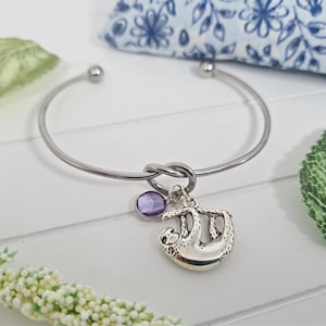 Sloth Bracelet, Birthstone Bangle, Animal Jewellery, Personalised Gift For Her, Sloth Presents