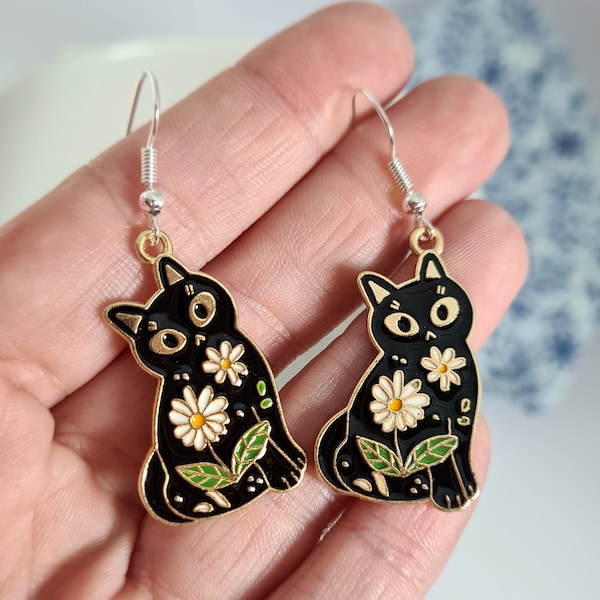 Black Cat Earrings, Cute Floral Jewellery, Lucky Cat Gifts, Gift for Her, Dangly Earrings, Statement, Cute,