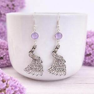 Silver Peacock Dangle Earrings, Personalised Birthstone Jewellery,