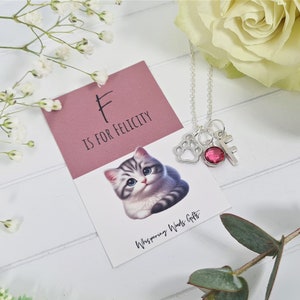 Könnte beinhalten: Eine silberne Halskette mit einem rosa Kristall-Anhänger, einem Pfotenabdruck-Anhänger und einem Buchstaben "F"-Anhänger. Die Halskette wird auf einer rosa Karte mit einem weißen Kätzchen und dem Text "F steht für Felicity" gezeigt.