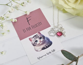 May include: A silver necklace with a pink crystal charm, a paw print charm, and a letter "F" charm. The necklace is displayed on a pink card with a white kitten and the text "F is for Felicity".