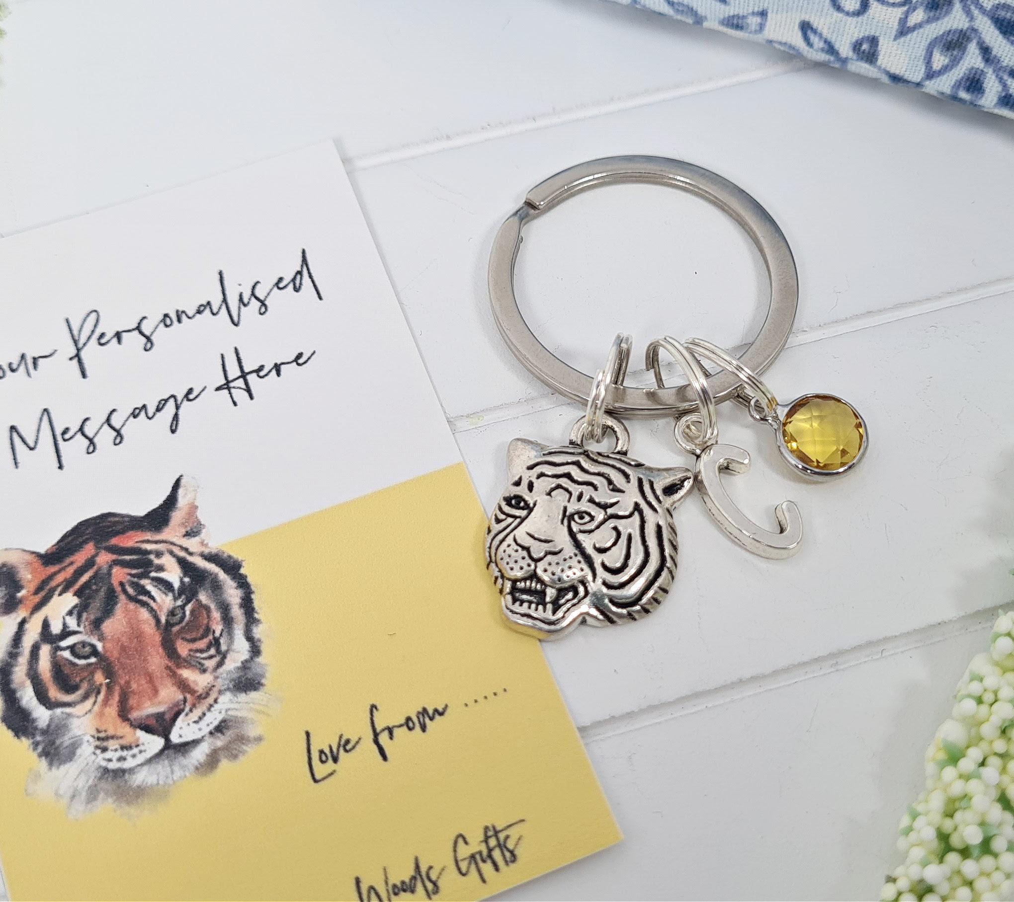Tiger Keychain, Personalised Birthstone Keyring, Tiger Gifts