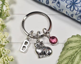 May include: A silver keychain with a large ring, featuring a letter "B" charm, a cat charm, and a pink gemstone charm. The keychain is on a white wooden surface with floral accents.