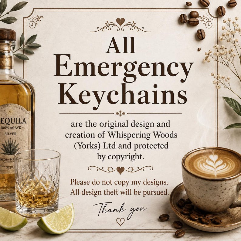 Peut inclure: Une pancarte avec le texte All Emergency Keychains are the original design and creation of Whispering Woods (Yorks) Ltd and protected by copyright. Please do not copy my designs. All design theft will be pursued. Thank you. Accompagn&eacute; de tequila, citron vert et caf&eacute;.