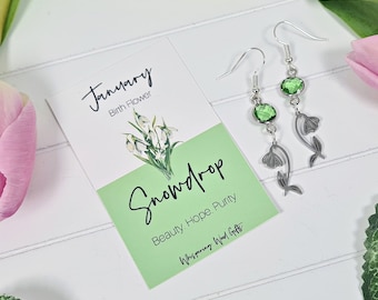 Sneeuwklokje oorbellen, januari geboorte bloem, granaat geboortesteen cadeau, verjaardagssieraden, cadeau voor haar, gepersonaliseerd