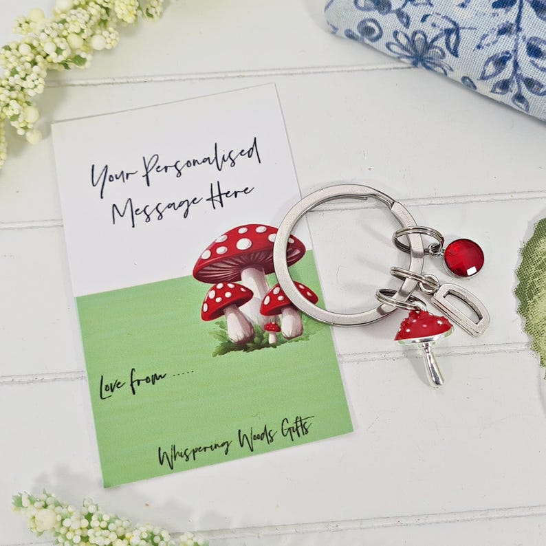 Red Toadstool Keychain, Personalised Birthstone Keyring, Cottage Core ...
