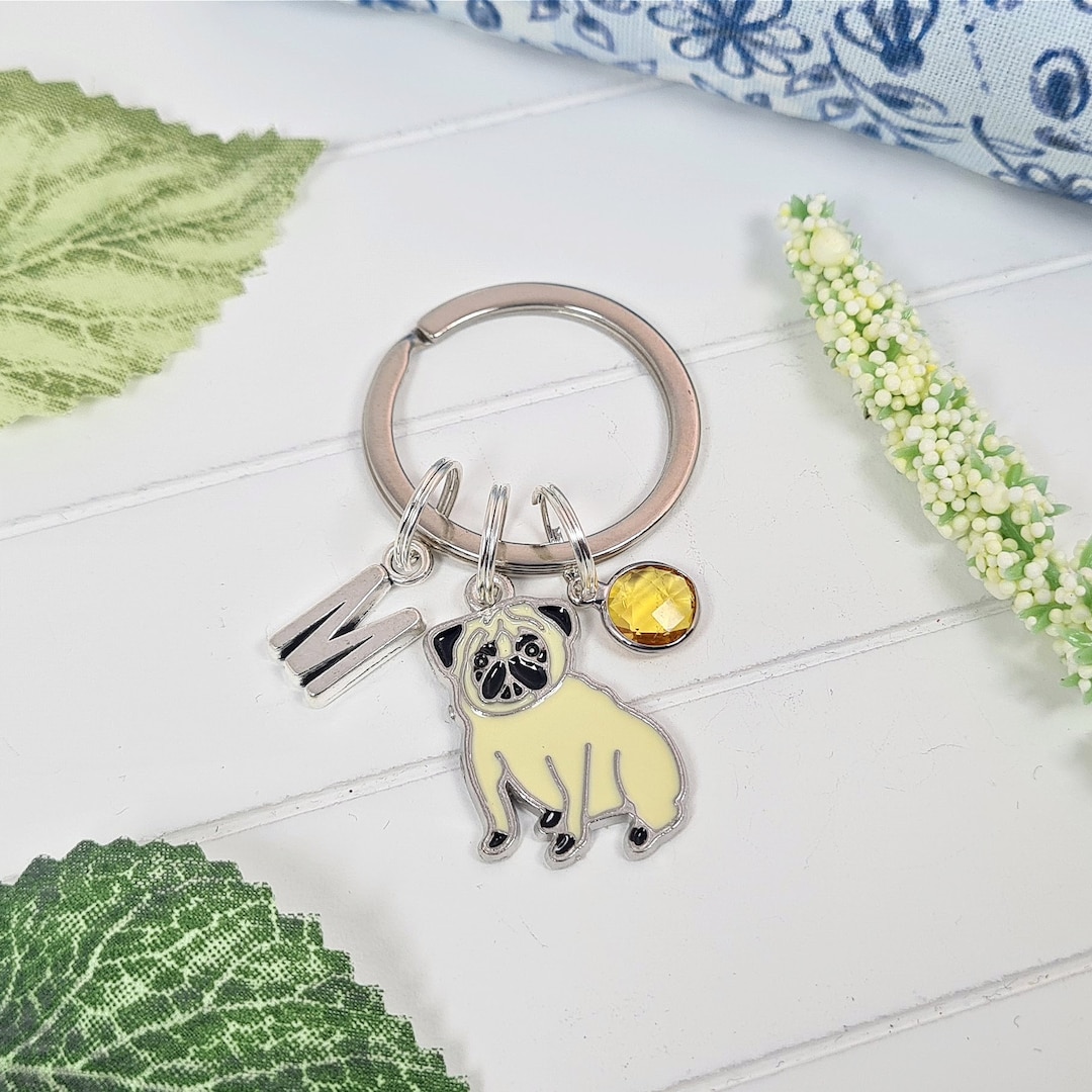 Pug Keyring, Pug Dog Gifts, Birthstone Keychain, Dog Walker