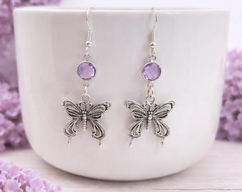 Silver Butterfly Earrings, Personalised Birthstone Insect Jewellery