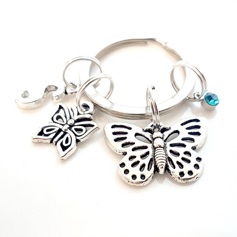 Birthstone Butterflies Keychain Personalised Silver Butterfly Keyring