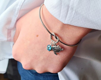 Turtle Bracelet, Birthstone Bangle, Sea Turtle Gifts, Birthday Gift For Her, Adjustable Jewellery, Personalised,