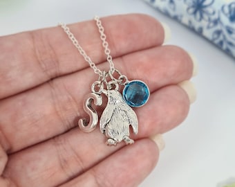 Penguin Necklace, Personalised Birthstone Pendant, Cute Animal Jewellery, Penguin Lover, Pick Me Up, Gift For Her, Girls Neck Chain