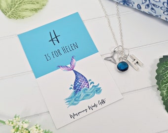 Mermaid Tail Necklace, Personalised Gifts, Birthstone Pendant, Girl's Jewellery, Ocean Beach Sea Theme, Initial Name Necklace,