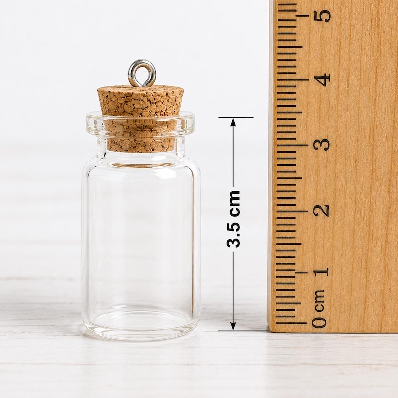 Peut inclure: Une petite fiole en verre transparent avec un bouchon en li&egrave;ge et un &oelig;illet m&eacute;tallique argent&eacute;. Une r&egrave;gle en bois est plac&eacute;e &agrave; c&ocirc;t&eacute; de la fiole, indiquant une hauteur de 3,5 centim&egrave;tres pour le r&eacute;cipient en verre de la base au bouchon.