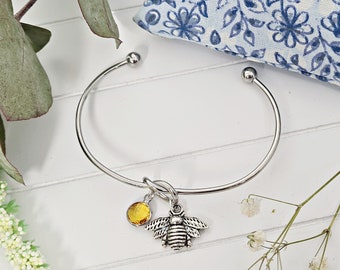 Bee Bracelet, Birthstone Bangle, Birthday Gift For Her, Adjustable Jewellery, Personalised