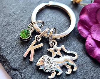 Leo Zodiac Keychain, Lion, Birthstone, Initial Keyring