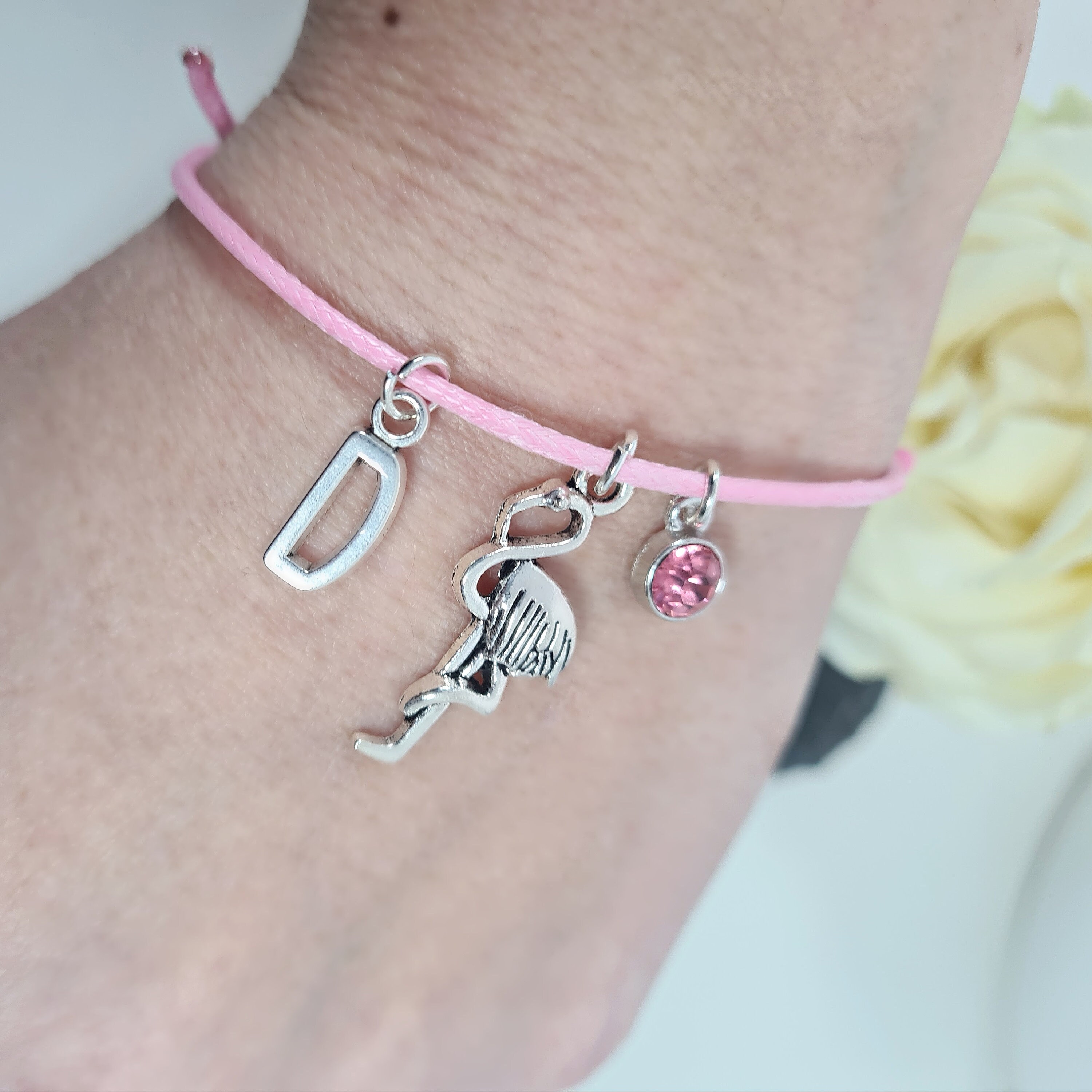 Pink Flamingo Charm Stretch Bracelet - Silver Plated Beads & Dangle Charm
