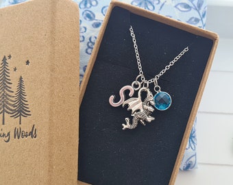 Silver Dragon Necklace: Personalised Birthstone Pendant,
