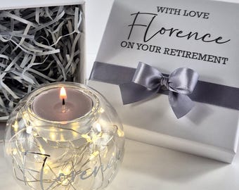 Retirement Gifts for Women | Personalised LED Lights Candle Keepsake | Work Leaving Gift for Coworker