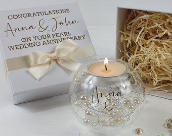 Engagement / Wedding / Anniversary Glass Ball Candle with Wired Pearls - Pearl Wedding Gift Boxed Candle, Keepsake Gift