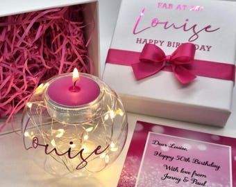 Personalised Birthday Candle Gift Set, LED Fairy Lights, 18th 21st 30th 40th 50th 60th 70th 80th 90th 100th Keepsake Milestone Present